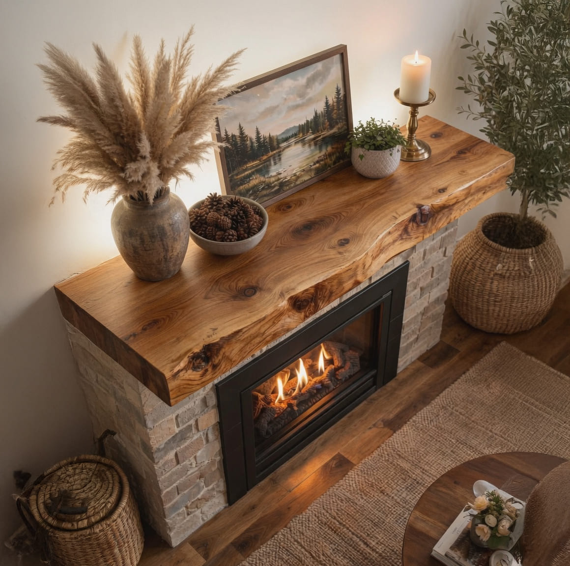 Live-edge fireplace mantel shelf crafted from solid wood