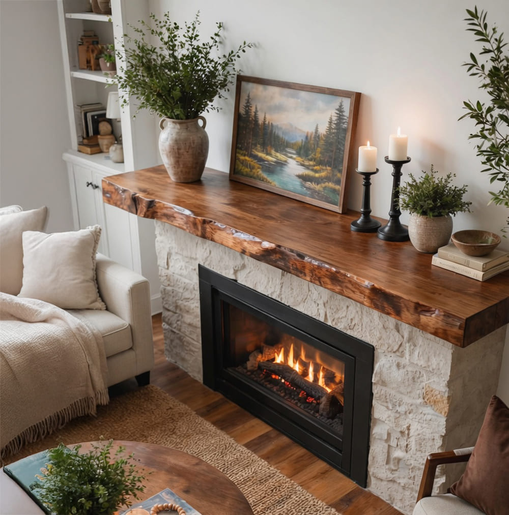 Handcrafted live-edge fireplace mantel in solid wood