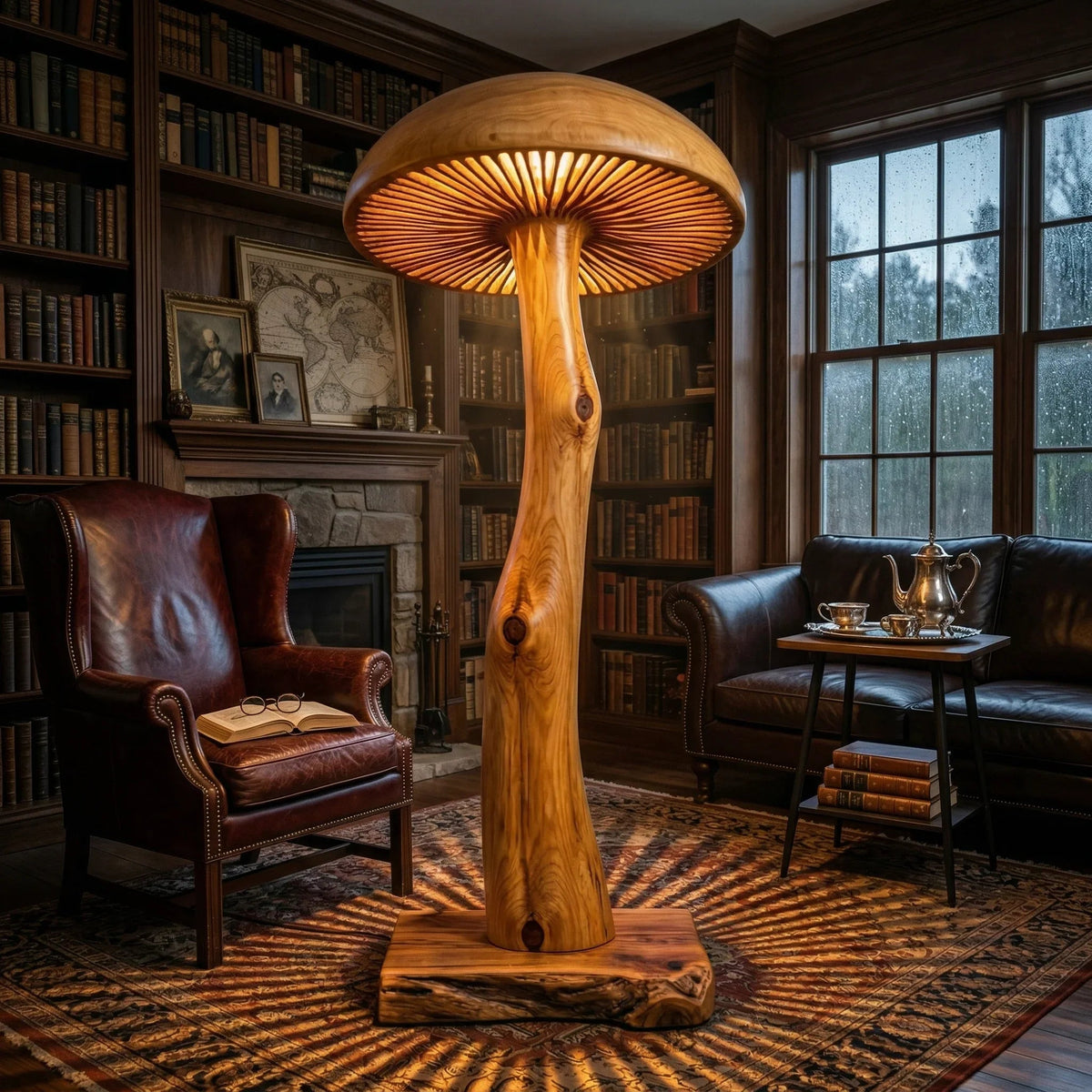 Solid wood mushroom floor lamp with sculpted log stem and wide glowing cap in cozy library