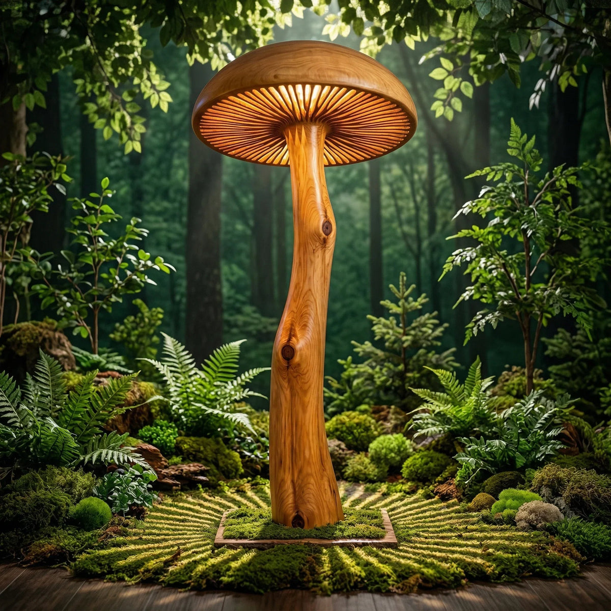Solid wood mushroom floor lamp with sculpted log stem and wide cap in a forest setting