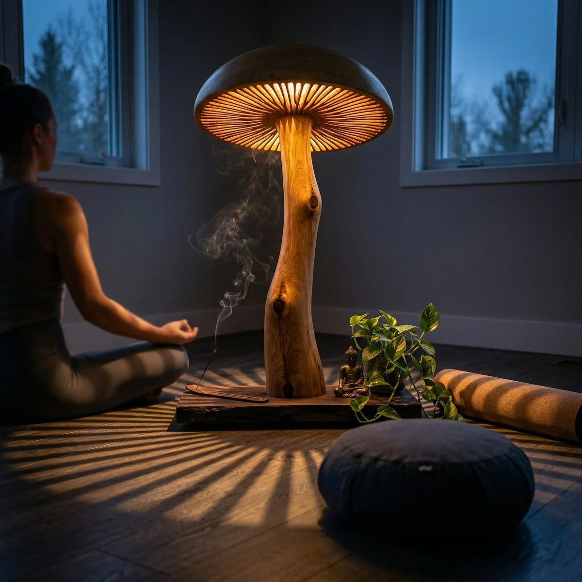 Solid wood mushroom floor lamp with sculpted log stem, glowing cap, in cozy meditation space