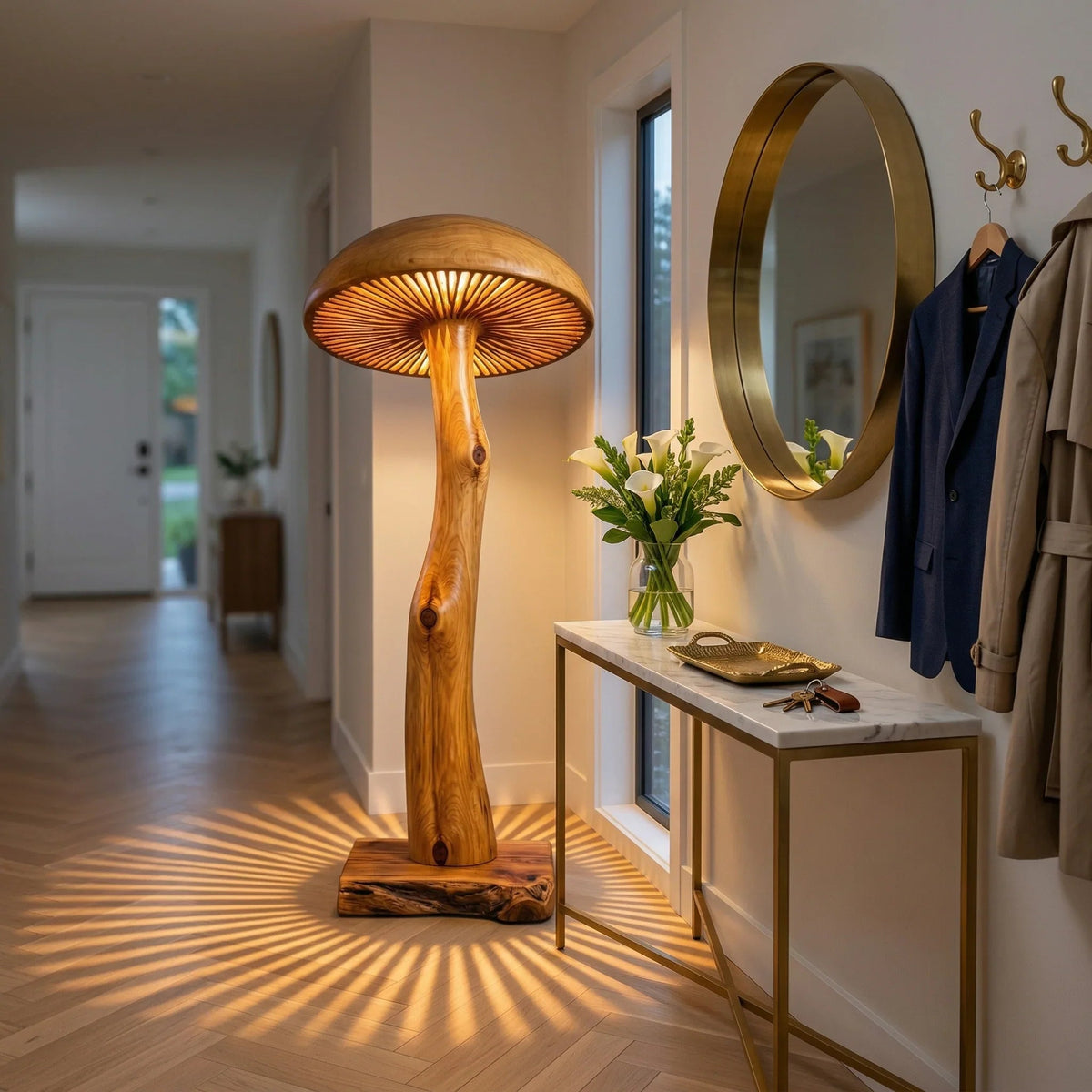 Solid wood mushroom floor lamp with sculpted log stem and wide glowing cap in modern entryway