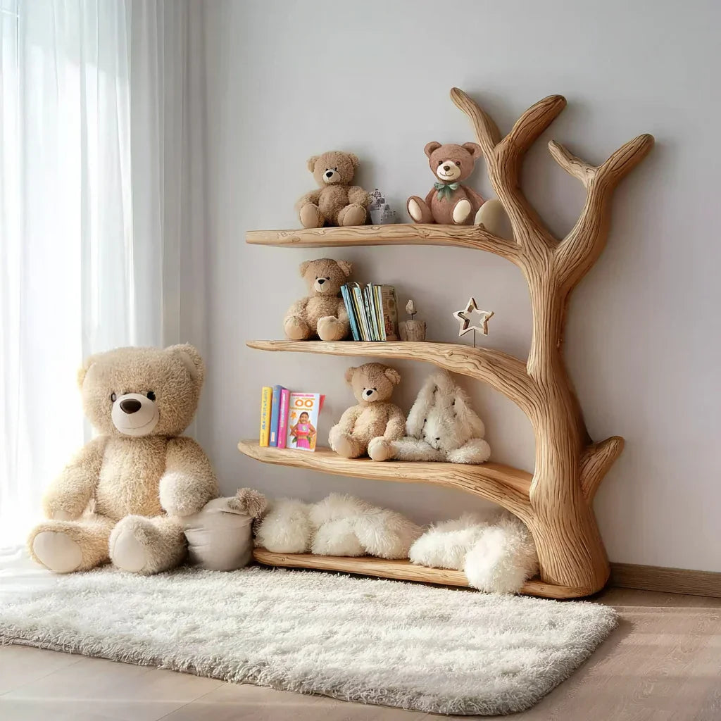 Mid-century wooden tree wall shelf in a kids room nursery with books and toys