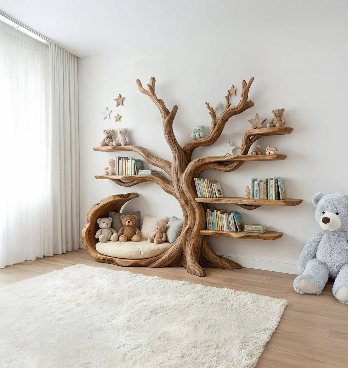 Handcrafted solid wood kids bookshelf styled in a cozy nursery with books, toys, and soft decor