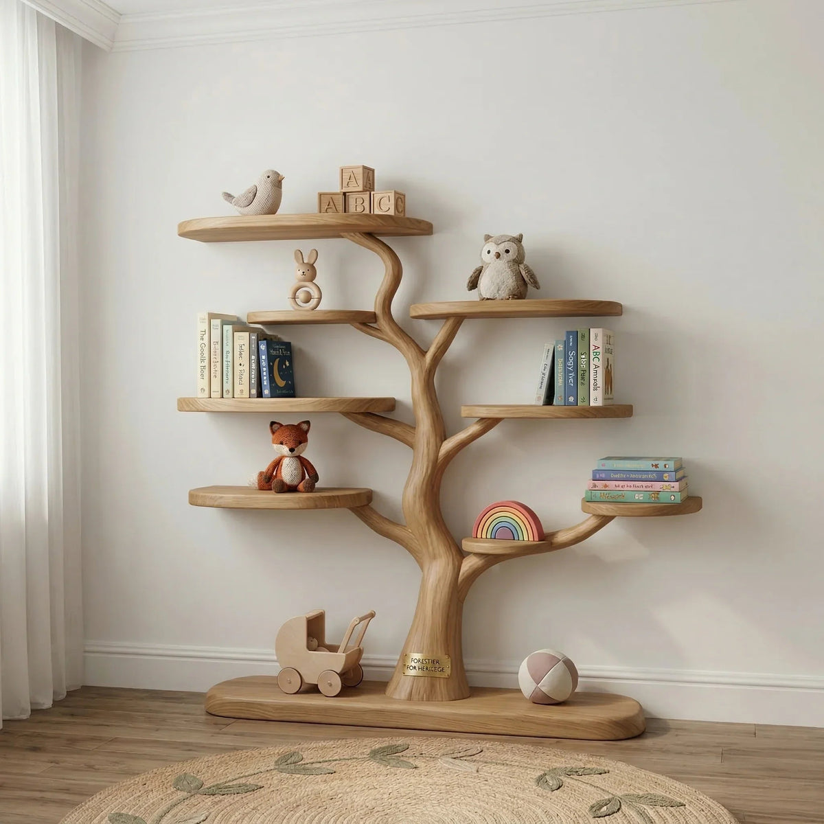 Tree-shaped bookshelf for kids room decorated with toys and books