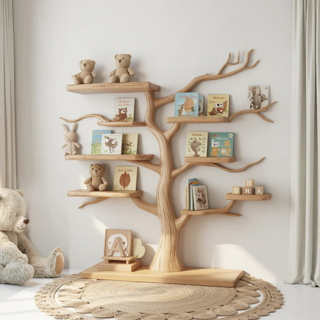 Tree shaped bookshelf standing on jute rug with children's books and toys