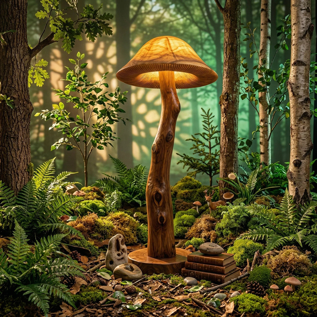 Translucent wood mushroom floor lamp with glowing cap and detailed gills on a log stem, set in a forest scene