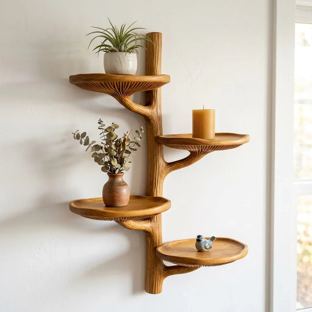Tree Branch Mushroom Wall Shelf with 4 Wide Dished Platforms - Handcrafted Solid Wood Floating Shelf with Carved Gill Detail and Smooth Branch Trunk - Ashdeco 2026