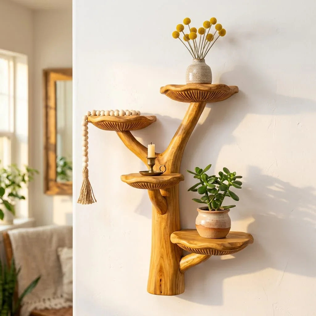 Forked Trunk Mushroom Wall Shelf with 4 Asymmetric Caps - Handcrafted Solid Wood Branching Tree Shelf with Carved Gill Detail and Y-Split Trunk - Ashdeco 2026