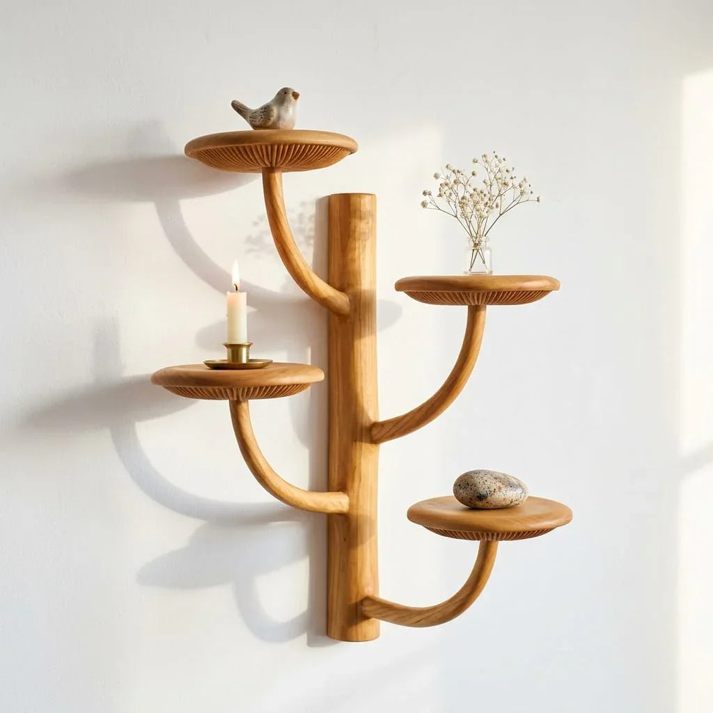 Tree Branch Mushroom Wall Shelf with 4 Round Platforms - Handcrafted Solid Wood Candelabra-Style Floating Shelf with Smooth Curved Arms and Carved Gill Rim - Ashdeco 2026