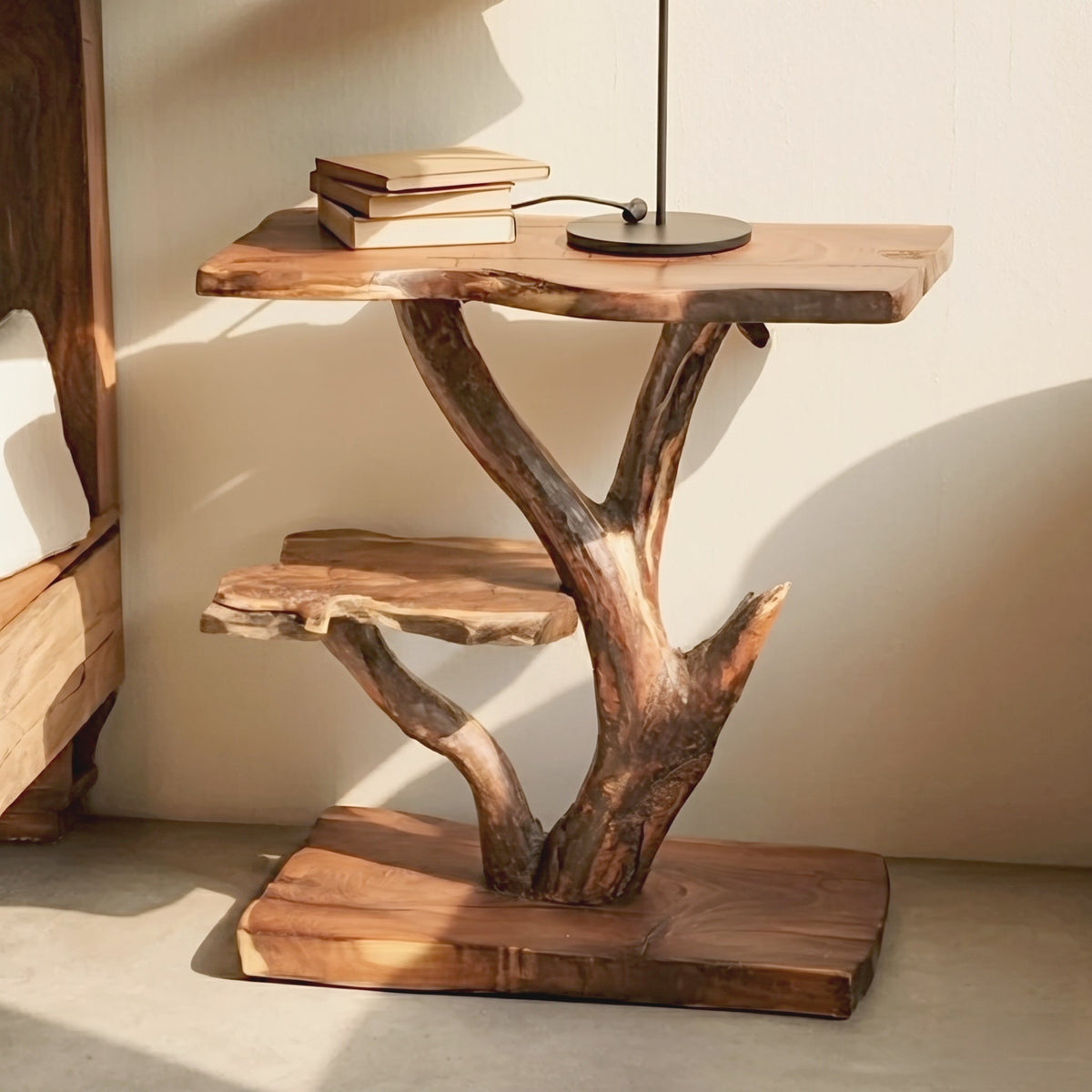 Sculptural tree branch nightstand crafted from premium live edge solid wood