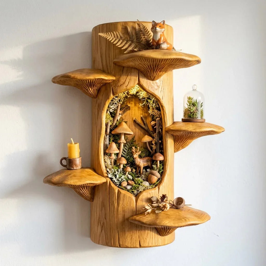 Mushroom Tree Trunk Wall Shelf with Woodland Niche - Handcrafted Solid Wood Display Shelf - Ashdeco 2026