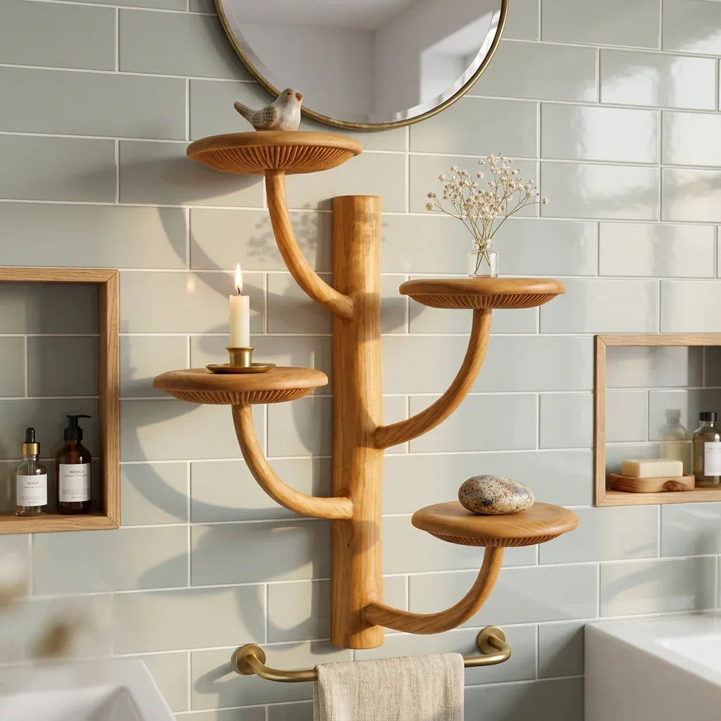 Tree Branch Mushroom Wall Shelf with 4 Round Platforms - Handcrafted Solid Wood Candelabra-Style Floating Shelf with Smooth Curved Arms and Carved Gill Rim - Ashdeco 2026