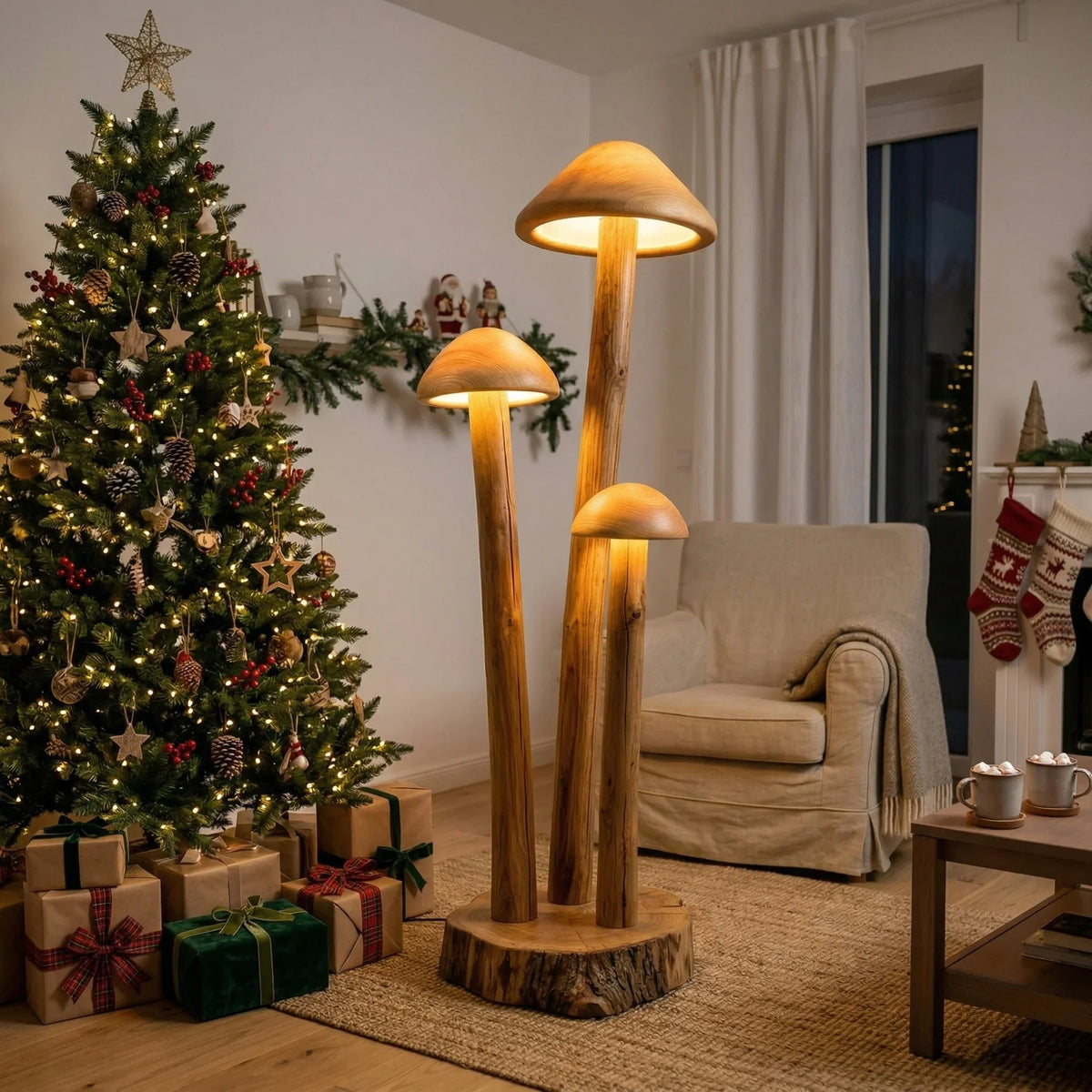 Triple mushroom cluster floor lamp with wooden stems beside a Christmas tree in a cozy living room