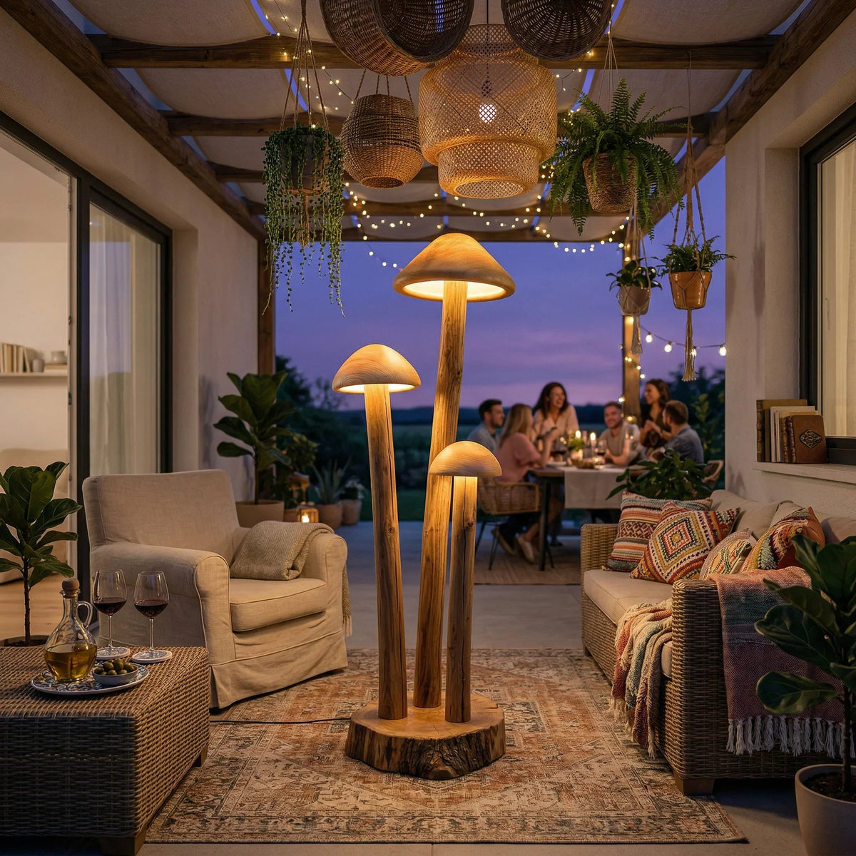 Triple mushroom cluster floor lamp with three wooden dome shades on a cozy patio at dusk