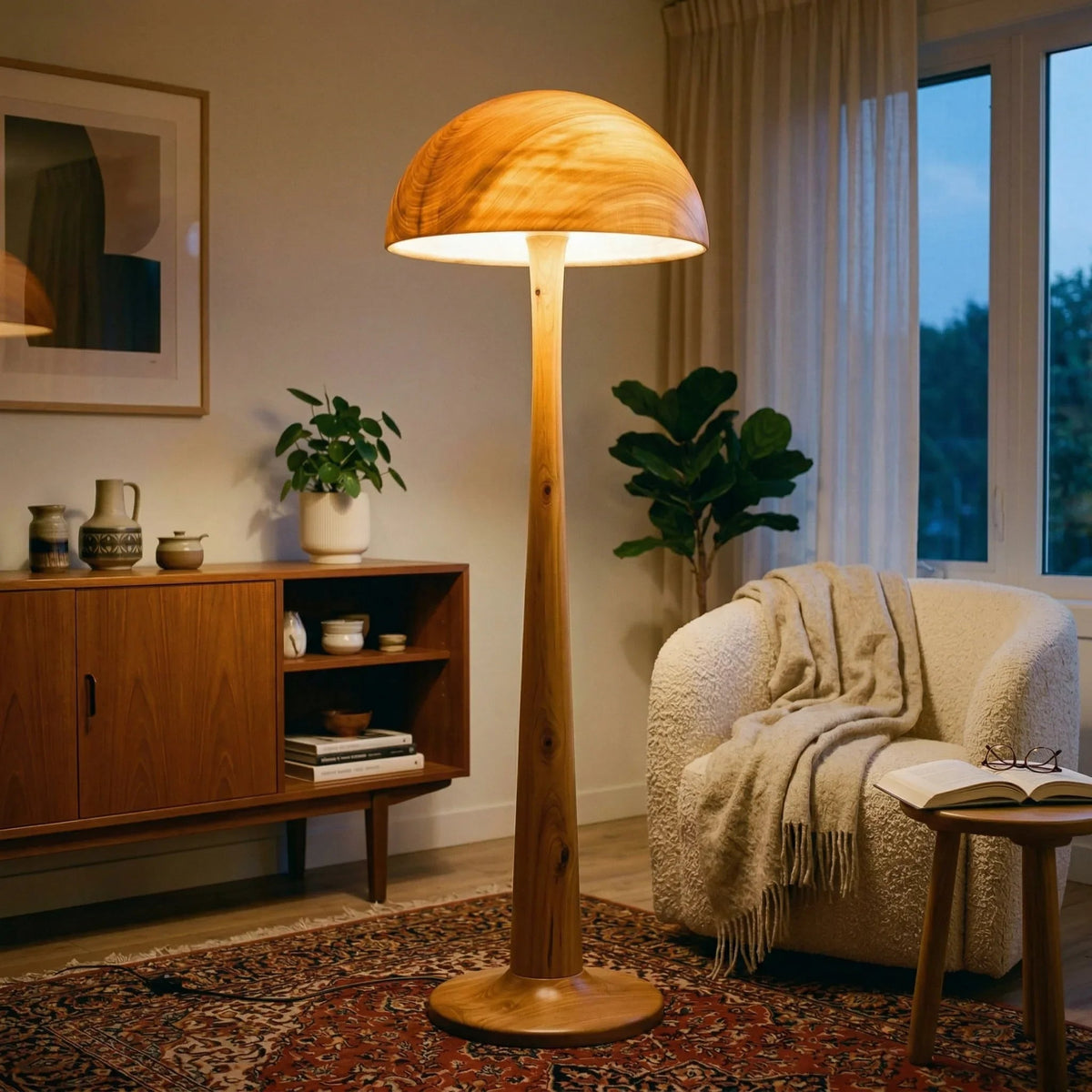 Solid wood mushroom floor lamp with glowing dome shade in cozy living room setting