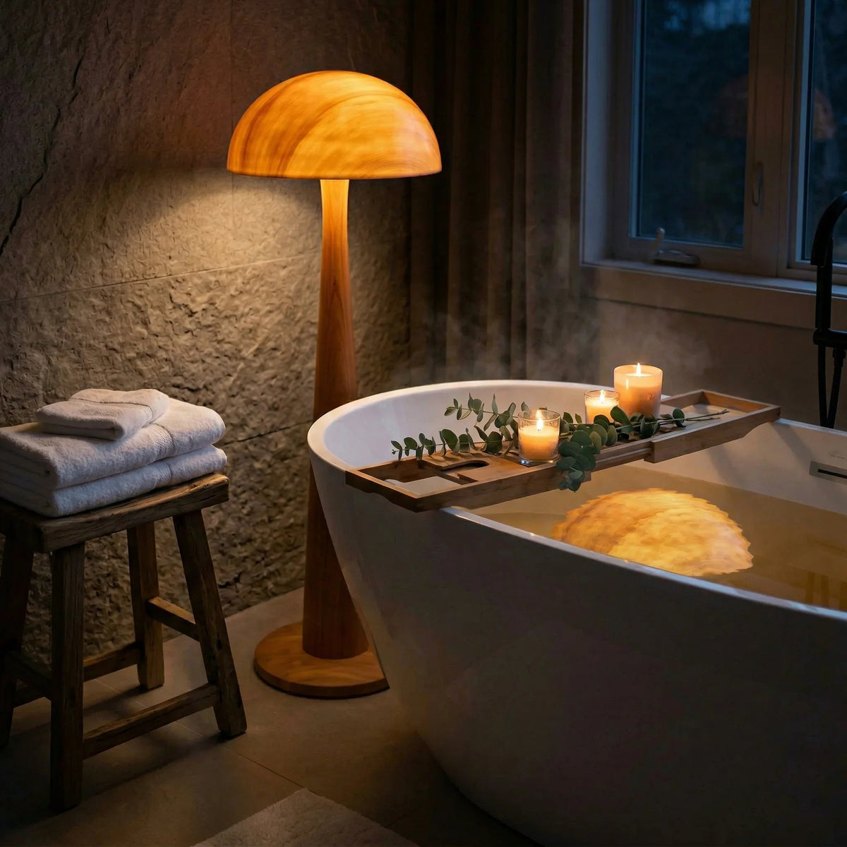 Solid wood mushroom floor lamp with glowing dome shade beside a bathtub in a cozy bathroom
