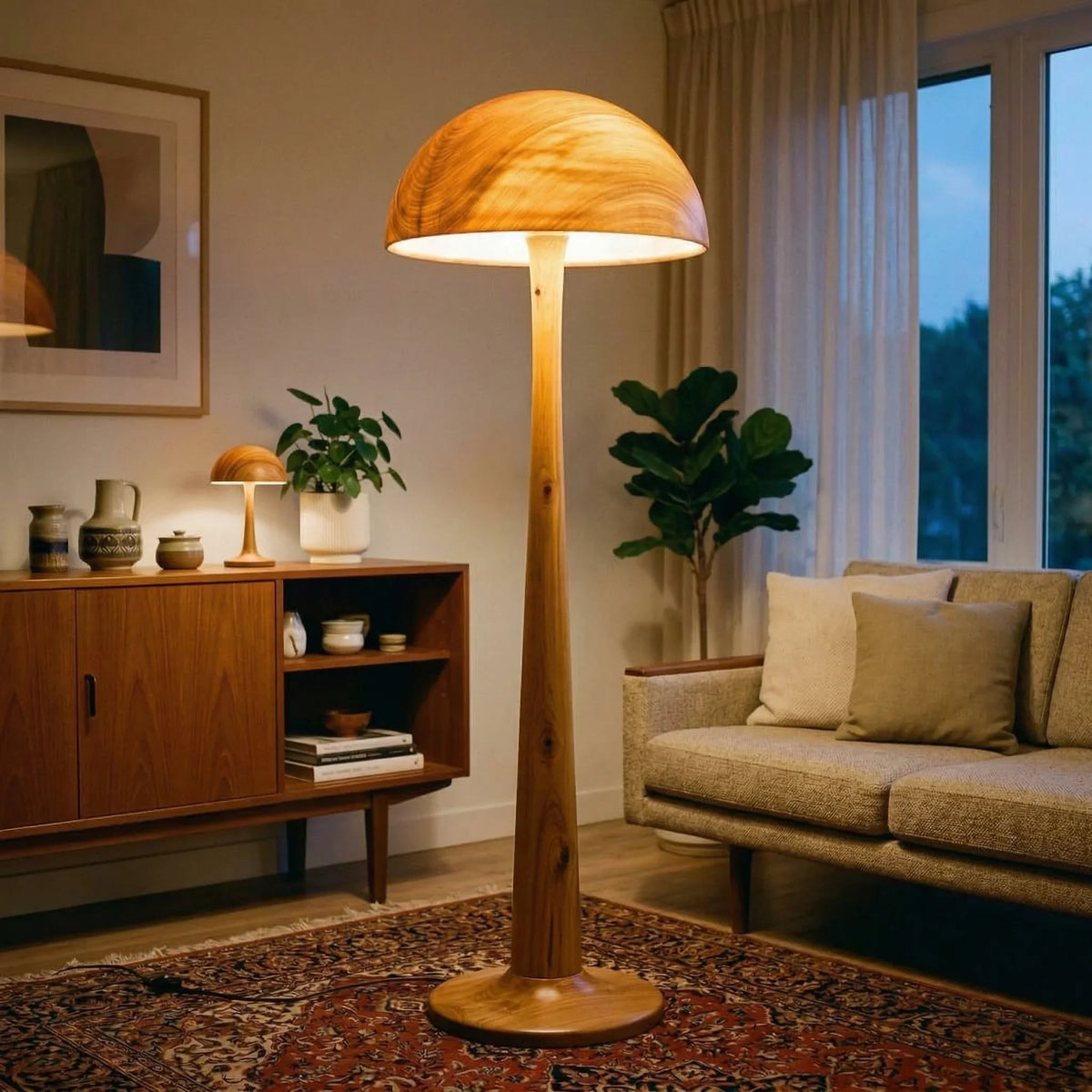 Solid wood mushroom floor lamp with glowing dome cap on tapered stem in cozy living room