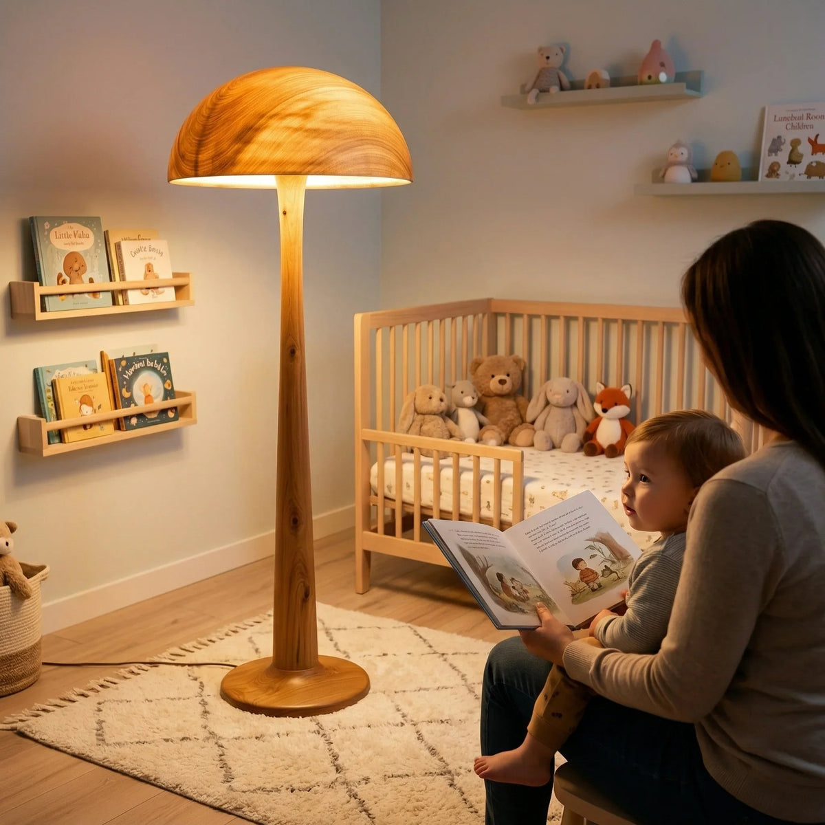 Solid wood mushroom floor lamp with glowing dome shade in cozy nursery room.