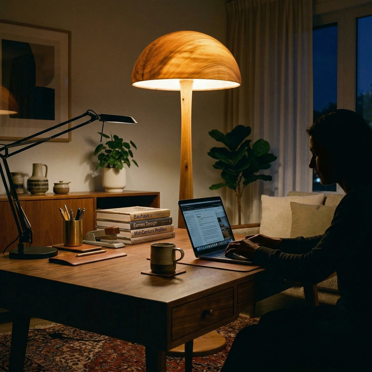 Solid wood mushroom floor lamp with glowing dome shade in cozy home office setting