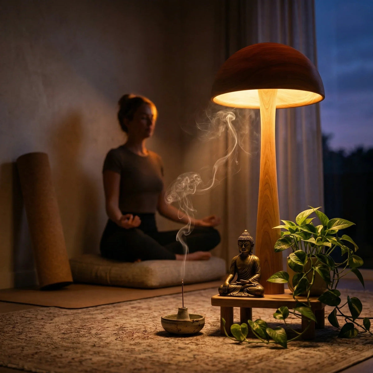 Solid wood mushroom floor lamp with glowing dome cap beside Buddha statue and green plant