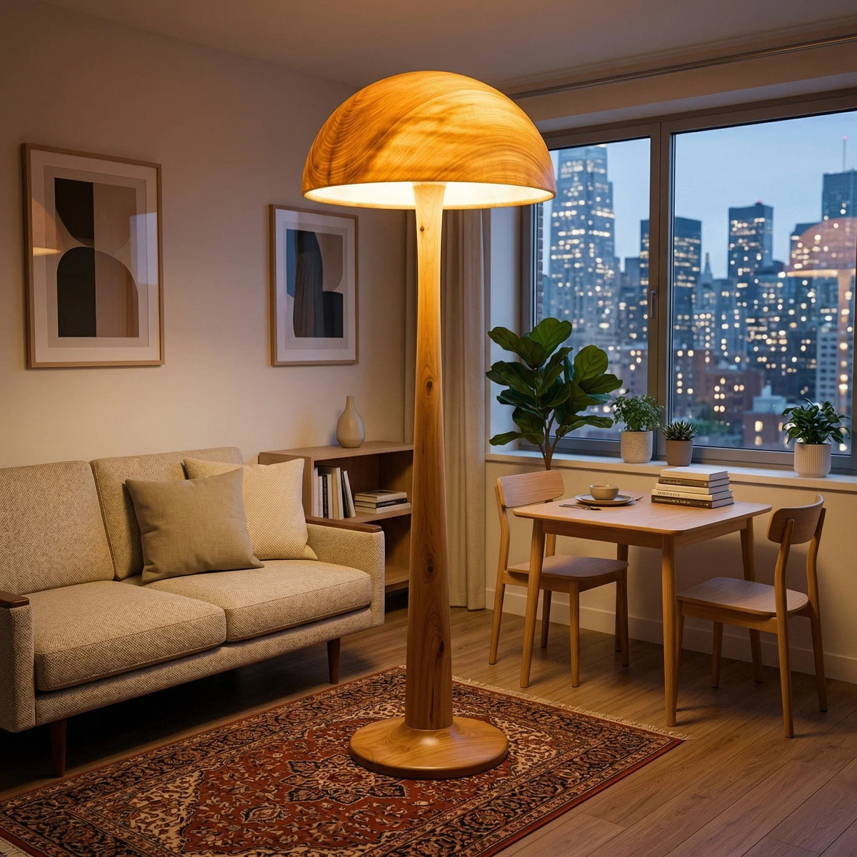 Solid wood mushroom floor lamp with glowing dome shade in a modern living room