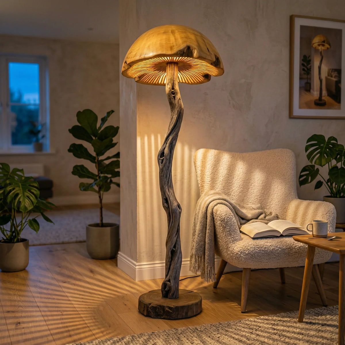Twisted driftwood floor lamp with hand-carved mushroom dome on reclaimed wood base in cozy living room