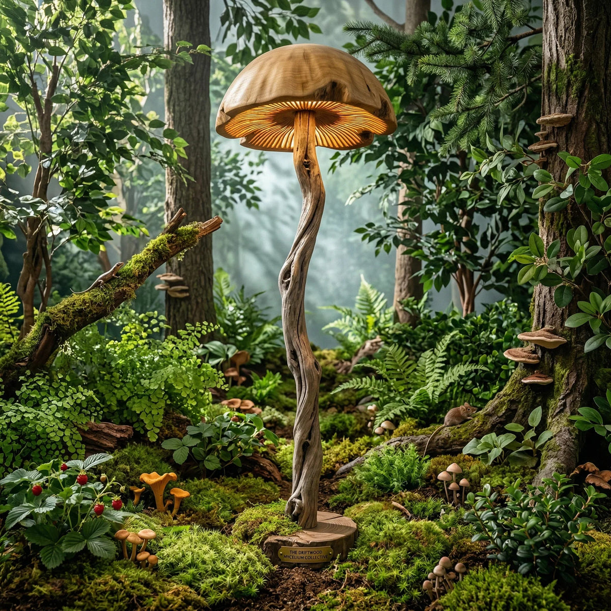 Twisted driftwood mushroom floor lamp with carved wood dome on round base in forest setting