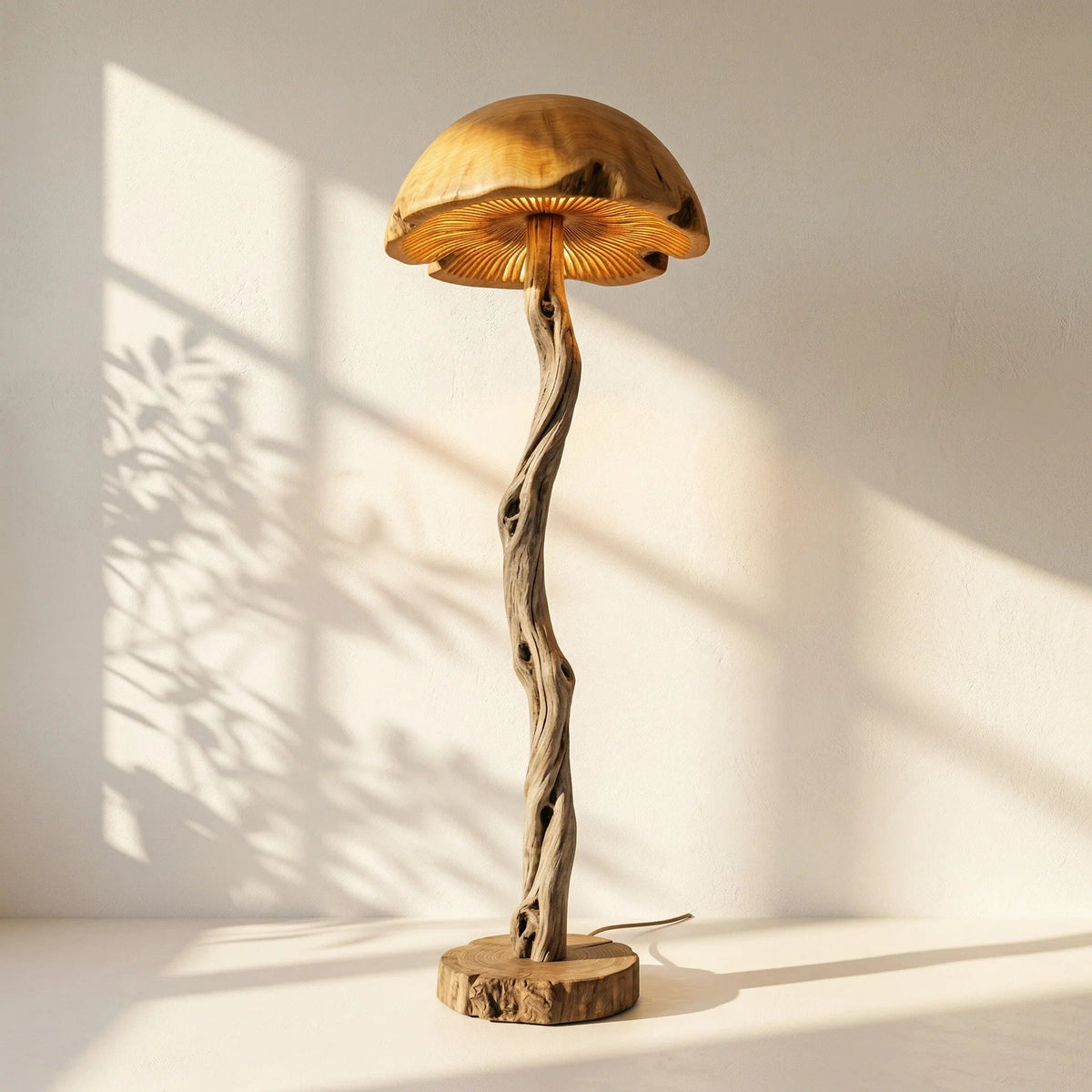 Twisted driftwood floor lamp with mushroom-shaped wooden dome shade and carved details.