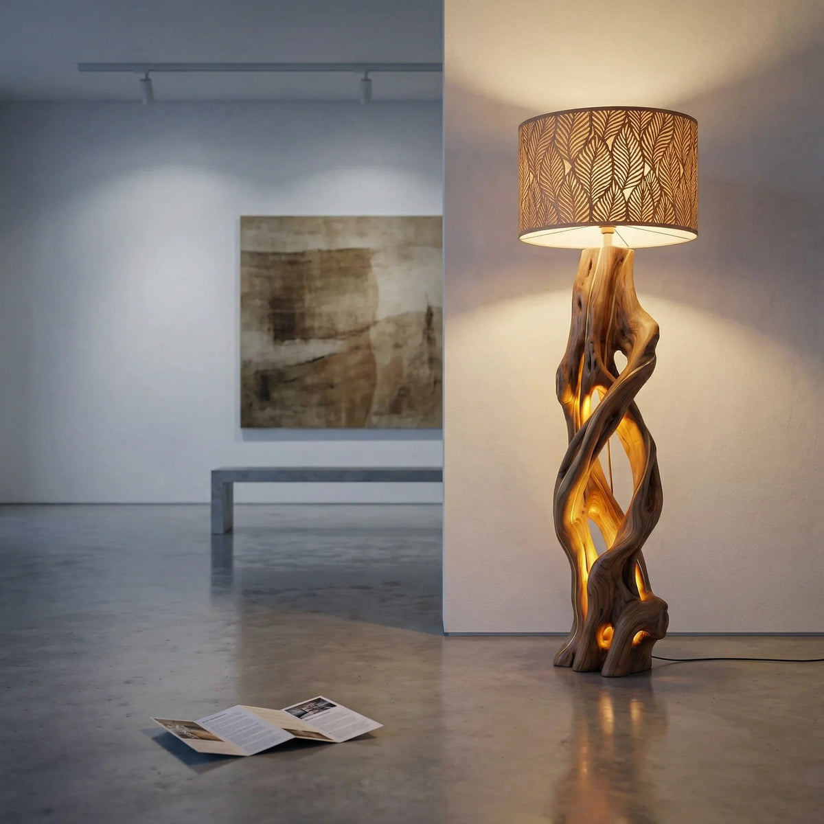 Twisted vine solid wood floor lamp with leaf-patterned lampshade in modern interior