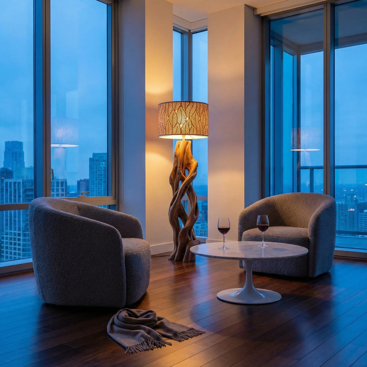 Twisted vine wooden floor lamp with leaf-patterned shade in modern living room
