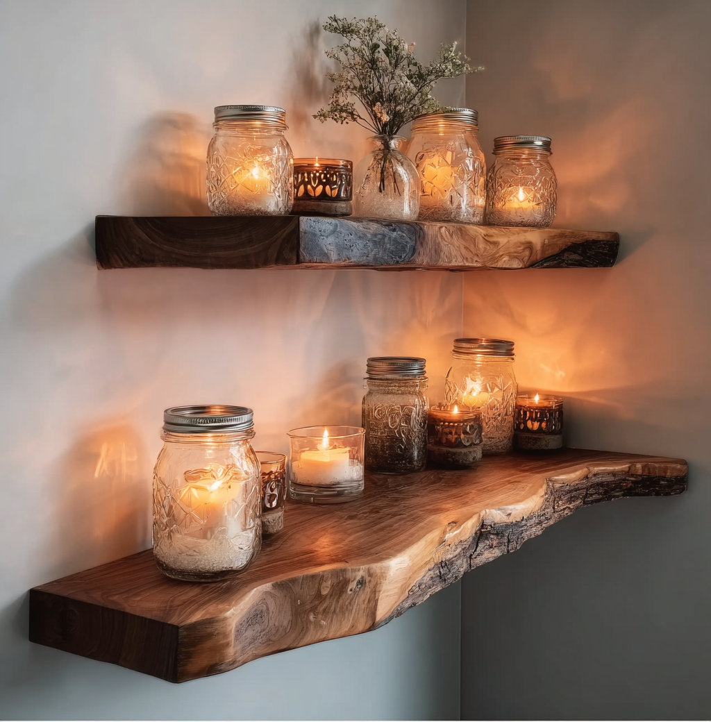 Floating Corner Wall Shelf – Live Edge Walnut Bookshelf for Décor & Housewarming Gift