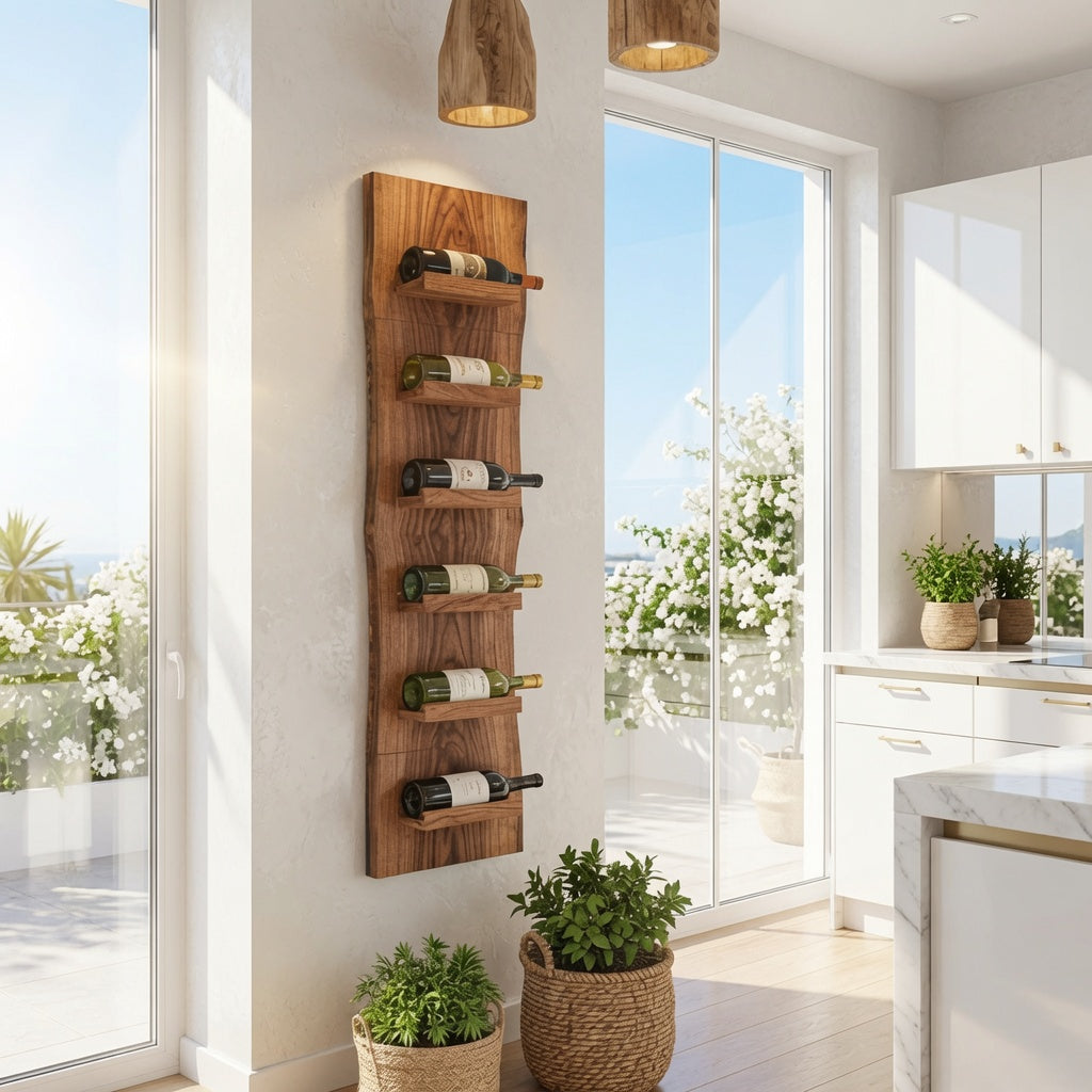 Live edge wooden wall wine holder crafted from natural hardwood