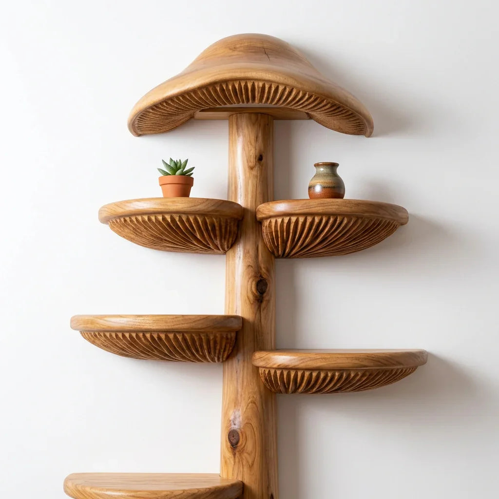 Mushroom shelves made of wood holding a small plant and ceramic vase