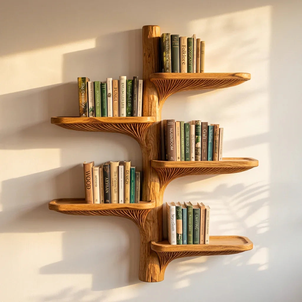 Floating mushroom shelves filled with colorful books under warm afternoon sunlight