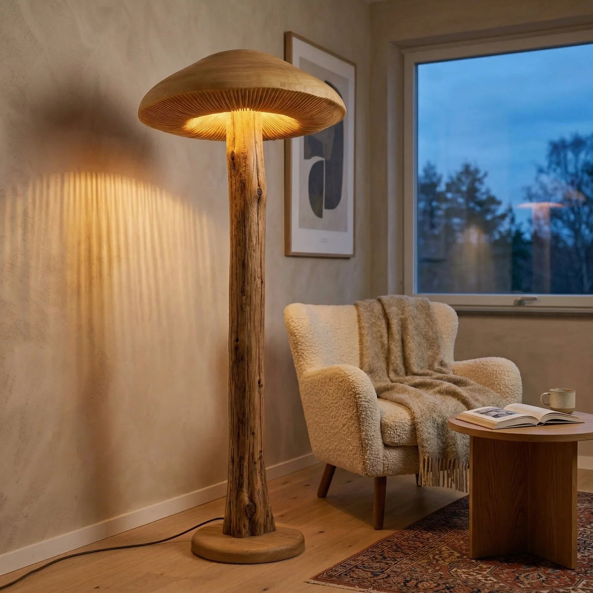 Wide mushroom-shaped floor lamp with carved wood stem in cozy living room setting