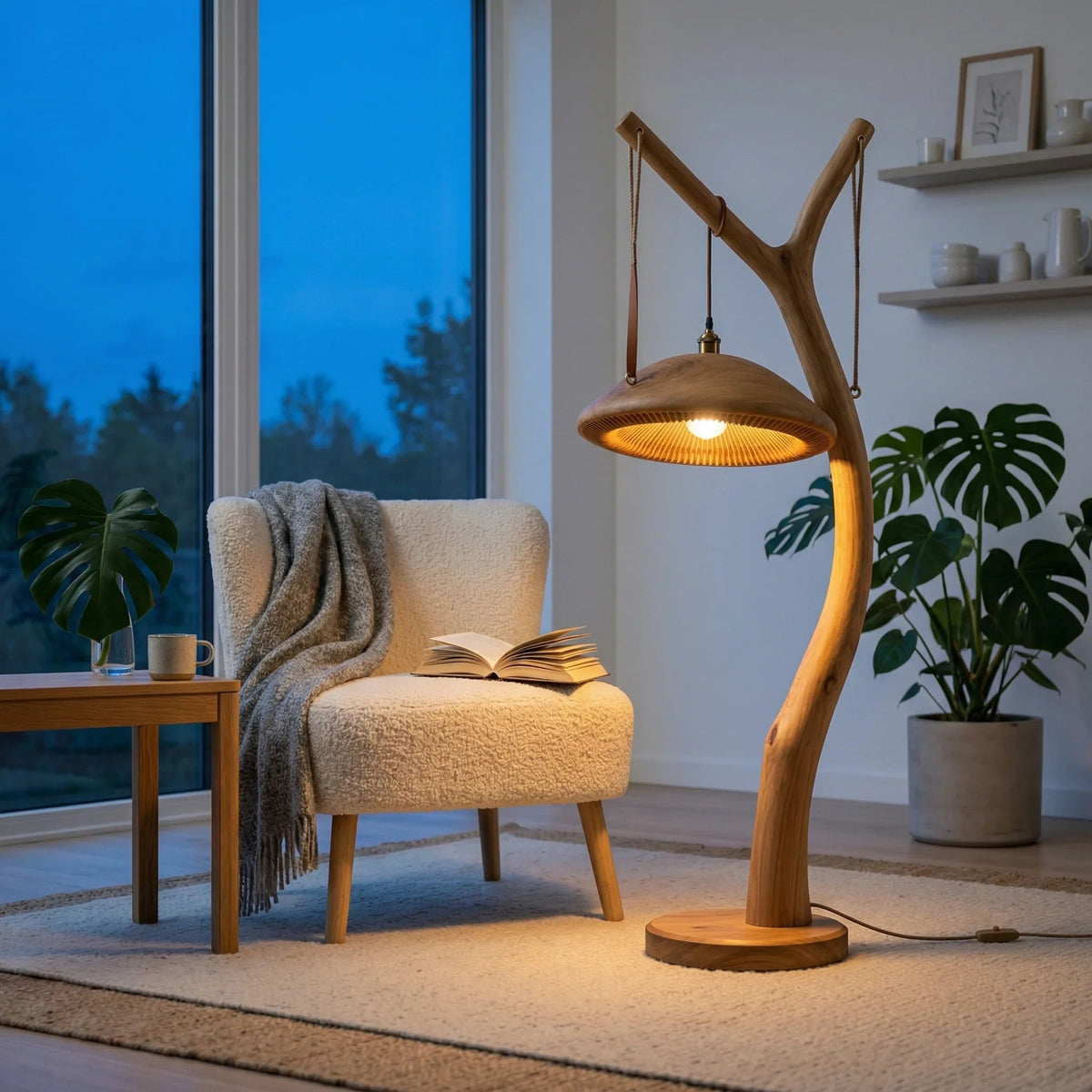 Solid wood floor lamp with Y-branch design and mushroom pendant in cozy living room setting