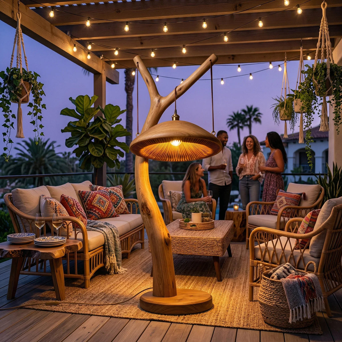 Y-branch solid wood floor lamp with mushroom-shaped shade, glowing on a patio at dusk