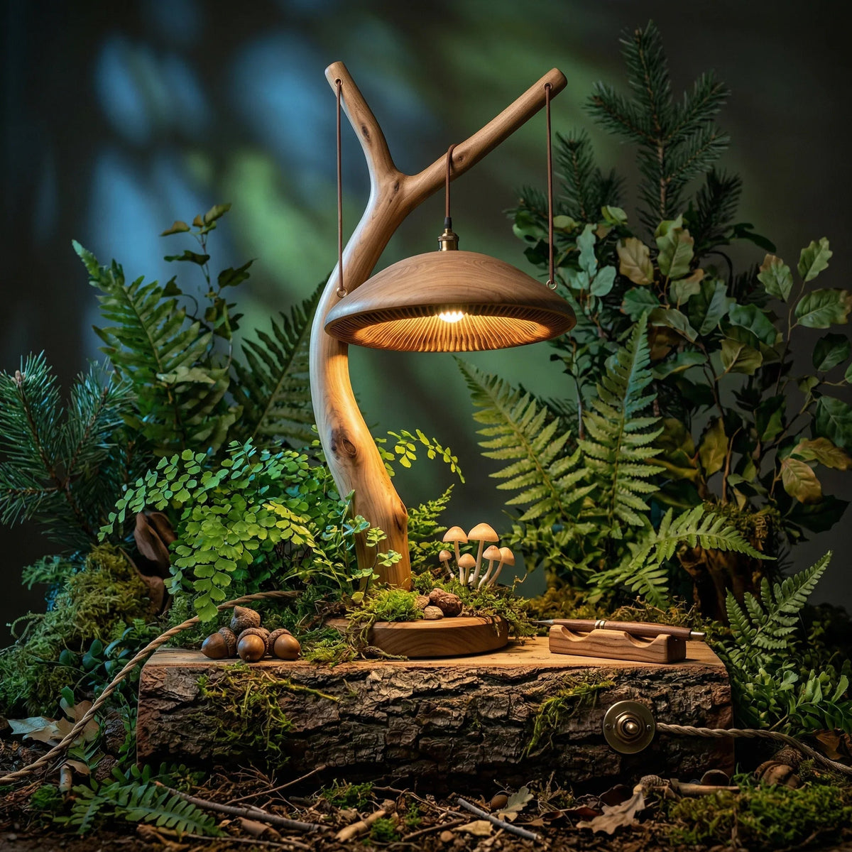 Solid wood mushroom floor lamp with sculpted branch stem and round base in a forest setting