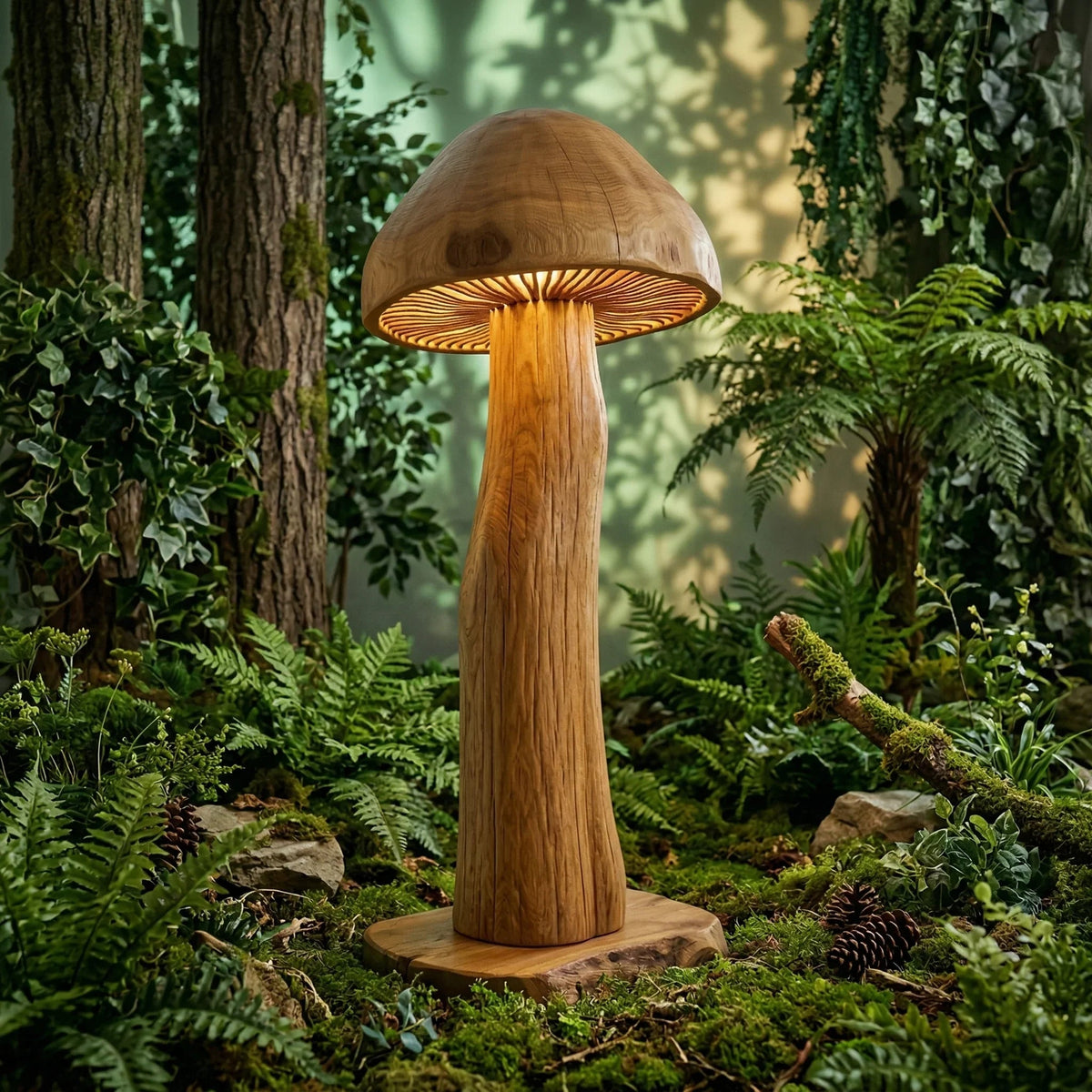 Wooden mushroom-shaped desk lamp in a lush forest-themed studio with ferns and moss.
