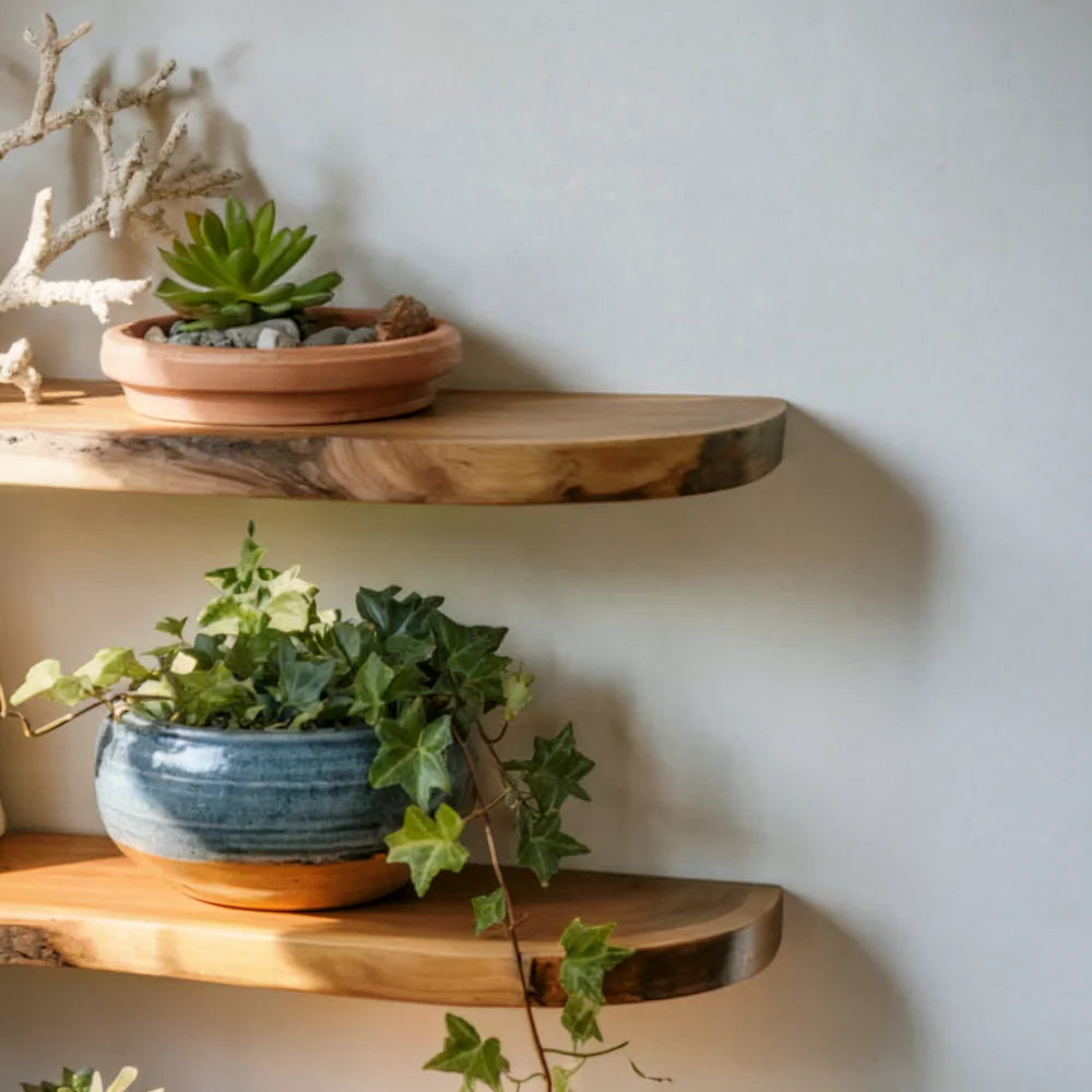 Floating Corner Wall Shelf – Live Edge Wooden Shelf for Home Decor & Aquarium