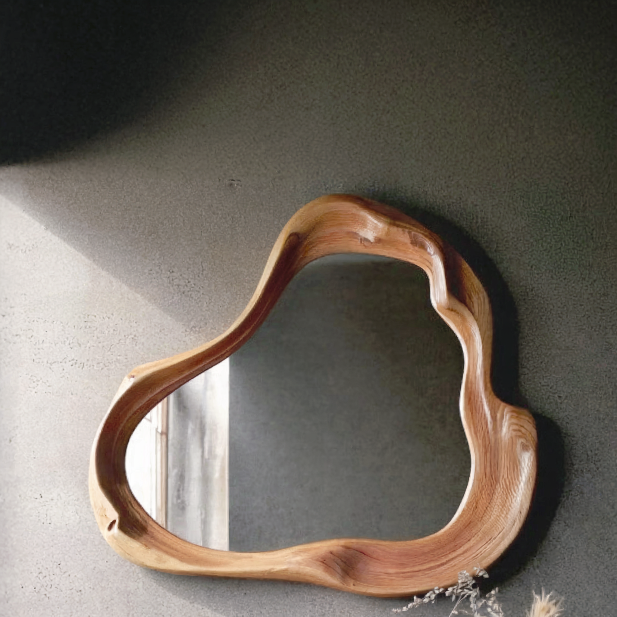 Handmade Asymmetrical Wooden Wall Mirror – Rustic Irregular Farmhouse Mid-Century Modern Bathroom Mirror