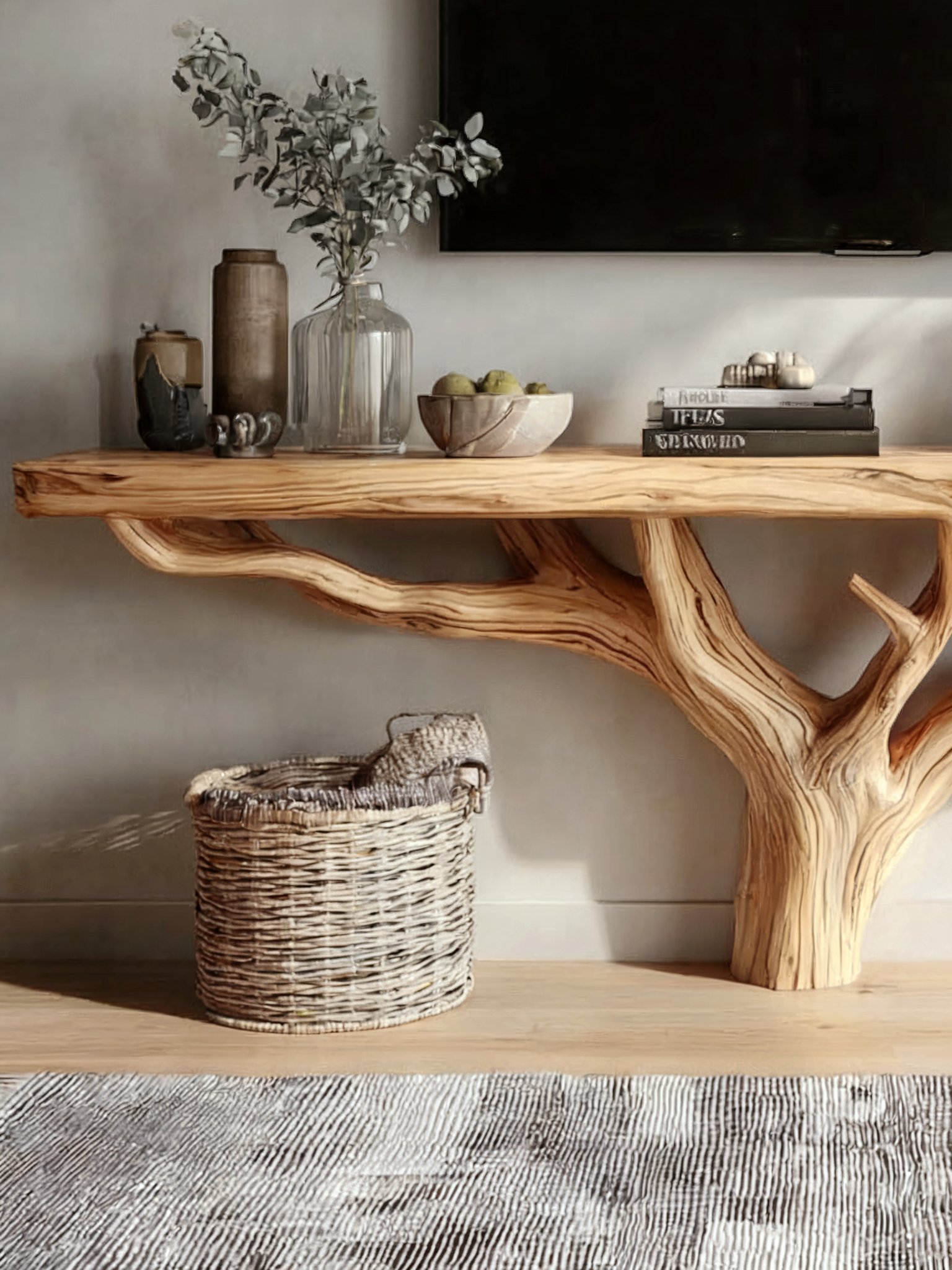 Custom Live Edge TV Stand – Solid Wood Tree Shelf Media Console, Rustic Handmade Cabinet Bookshelf
