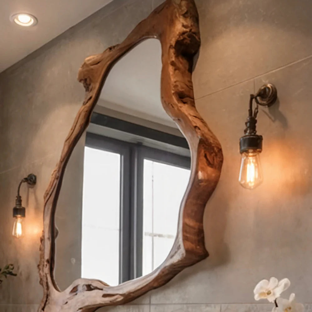 Asymmetrical Walnut Wooden Mirror – Irregular Decorative Wall Mirror for Entryway, Living Room or MCM Decor