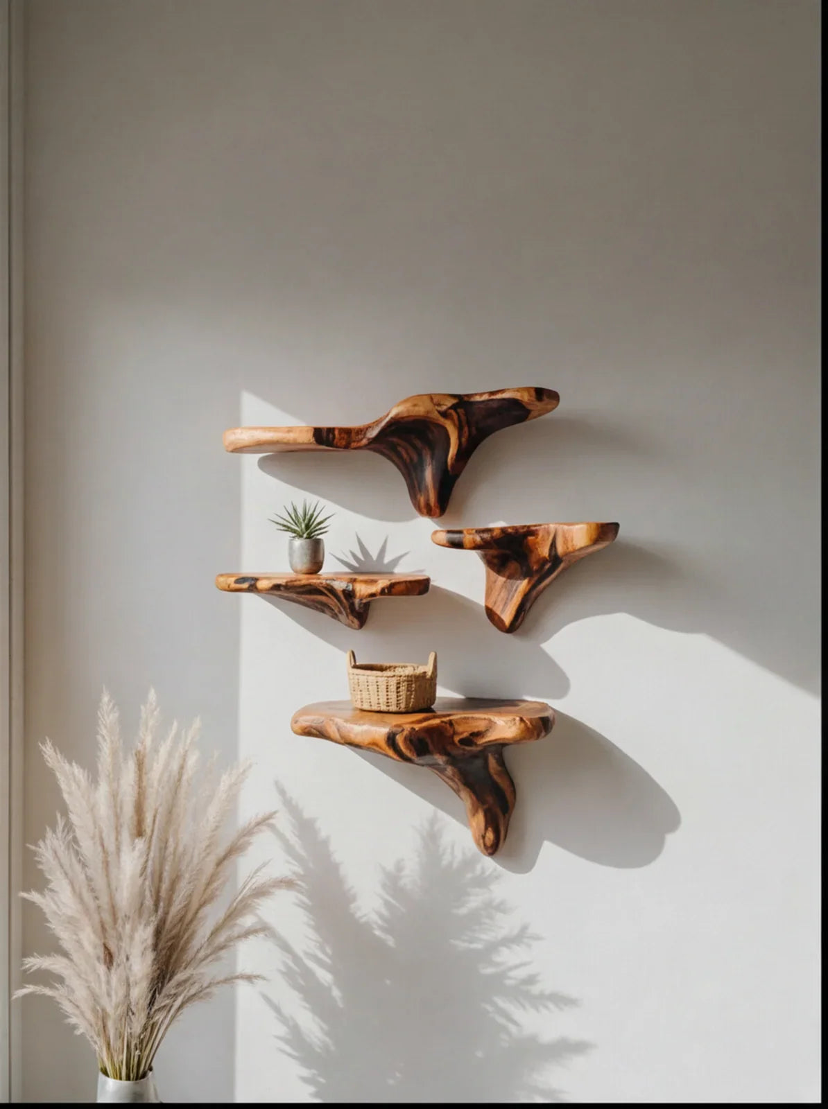 Live edge solid wood floating shelves on white wall with basket and plant decor