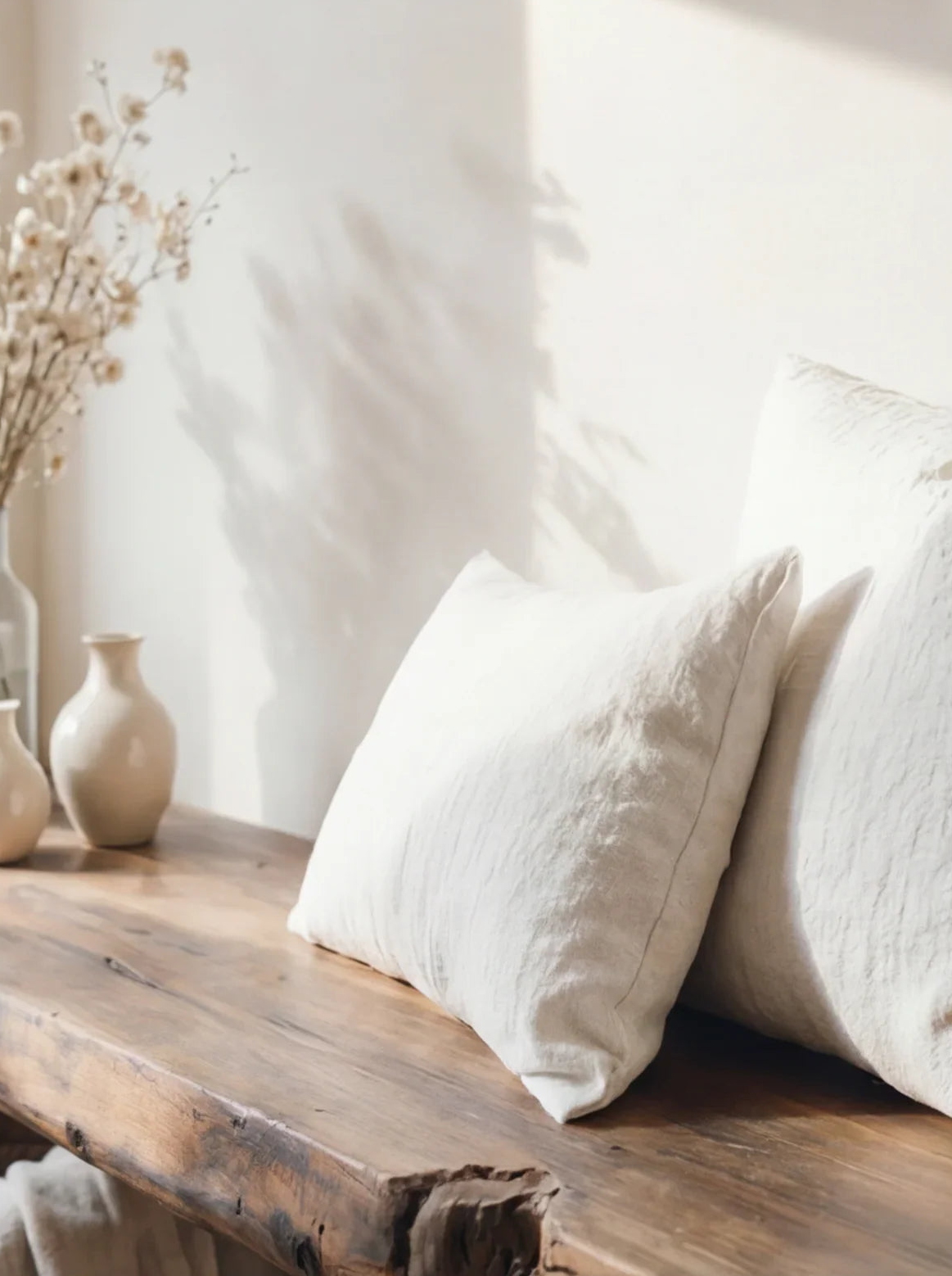 Solid wood live edge table with neutral pillows and ceramic vases in a sunlit room