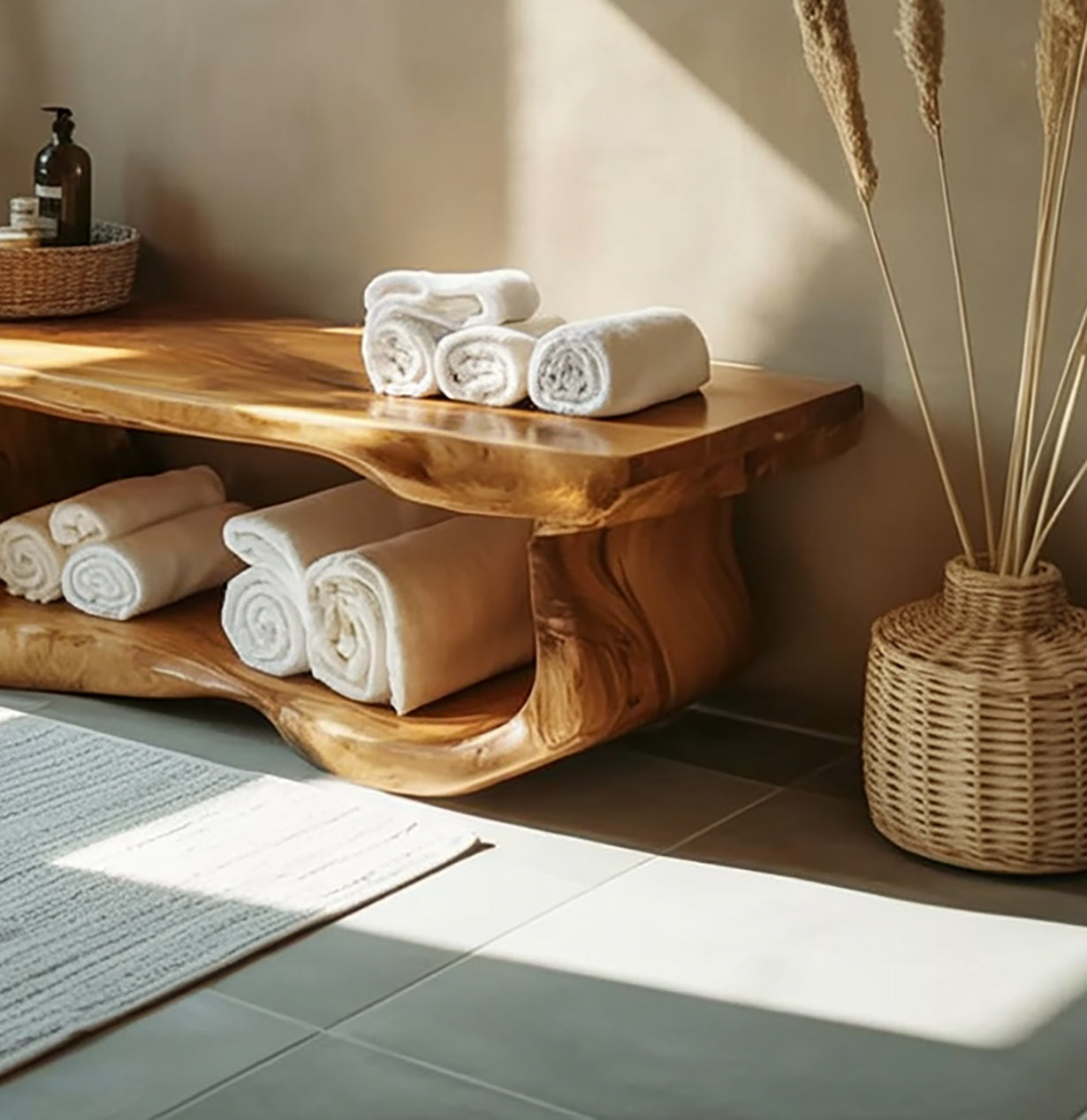 Handcrafted Solid Wood Bathroom Bench with Built-In Storage – Spa Style