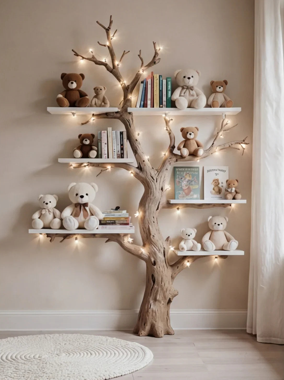 Tree-shaped bookshelf with floating shelves, teddy bears, books, and warm string lights in a cozy room.