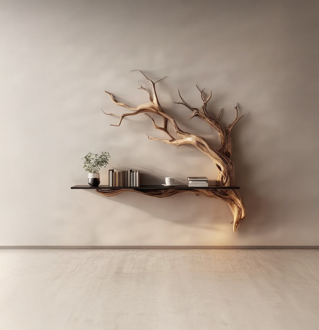 Handcrafted Wooden Tree Wall Shelf – Rustic Branch Bookshelf