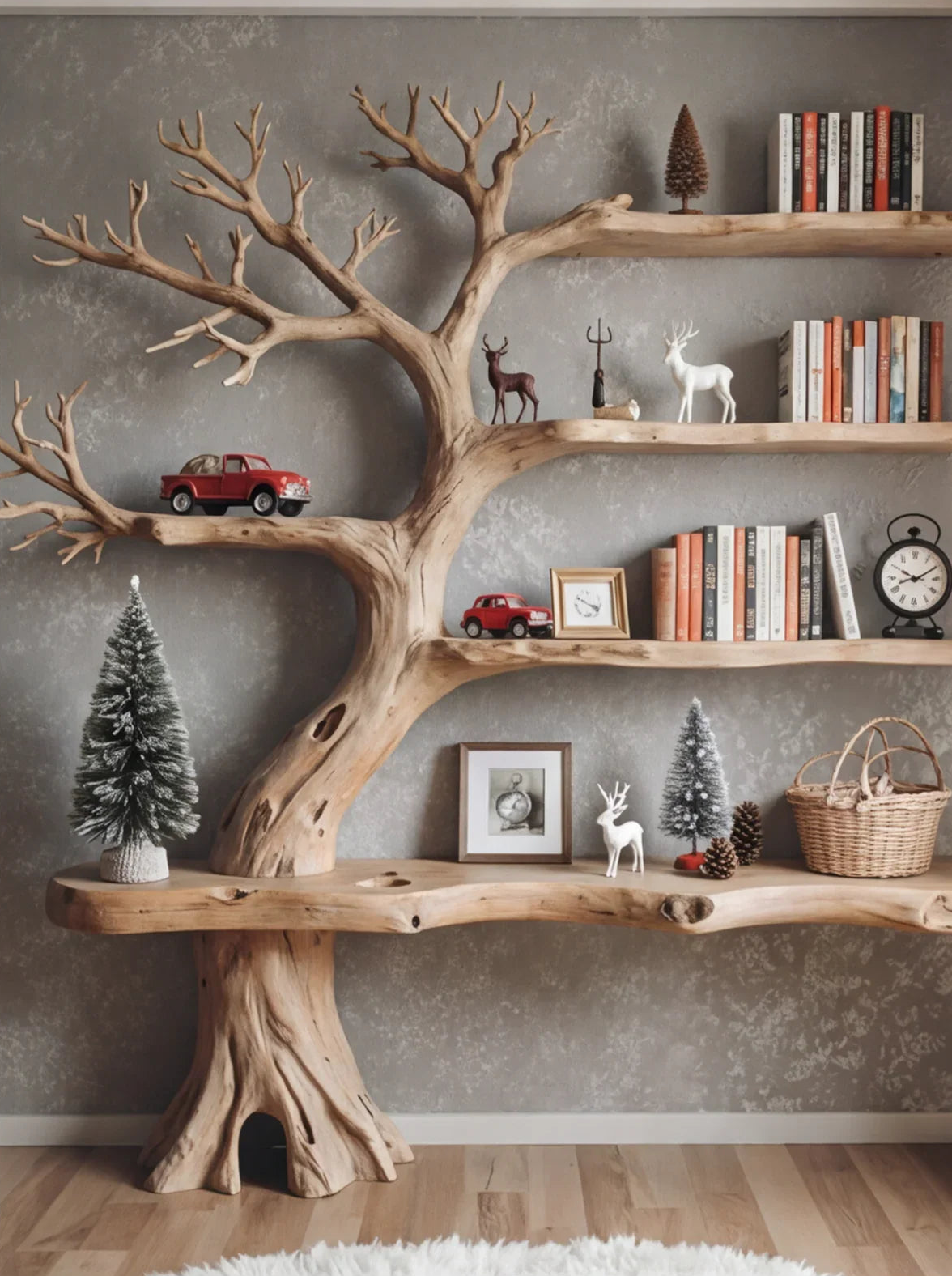 Live edge solid wood tree bookshelf with books, red car models, decor and faux trees